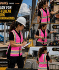 Snug Fit Reflective Safety Vest For Women With Utility Pockets Adjustable Elastic Waist Bright Pink High Vis Construction Gear, worn in various work environments.
