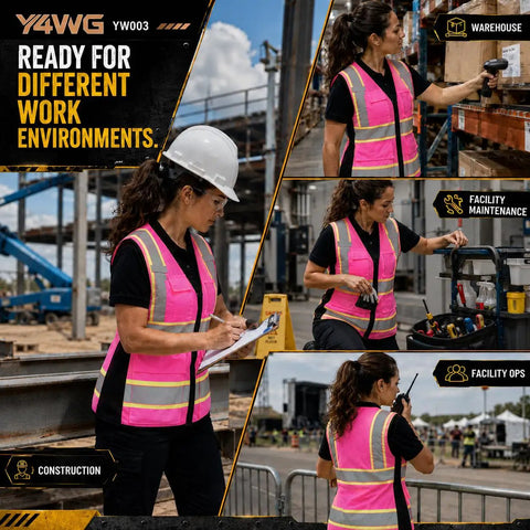 Snug Fit Reflective Safety Vest For Women With Utility Pockets Adjustable Elastic Waist Bright Pink High Vis Construction Gear, worn in various work environments.