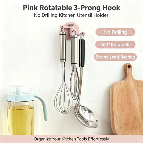 Pink Rotatable 3 Prong Wall Hook With Insane Adhesive Hold For Durable Key Towel Bag Storage Waterproof Swiveler Perfect For Bath Kitchen Gear Organization And Quick Access, holding kitchen utensils.