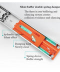 Close-up of stainless steel drawer slide with soft close mechanism visible, highlighting hydraulic cylinder and spring device features.