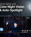 Outdoor 2K Security Camera With Auto Spotlight, Person Tracking displayed on phone screen with color night vision.