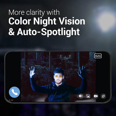 Outdoor 2K Security Camera With Auto Spotlight, Person Tracking displayed on phone screen with color night vision.