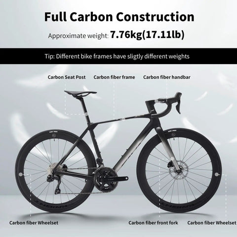 Lightweight Carbon Road Bike With T1000 Reinforced Frame And Carbon Fork And Seat Tube, 47cm race-ready bike in black and gray.