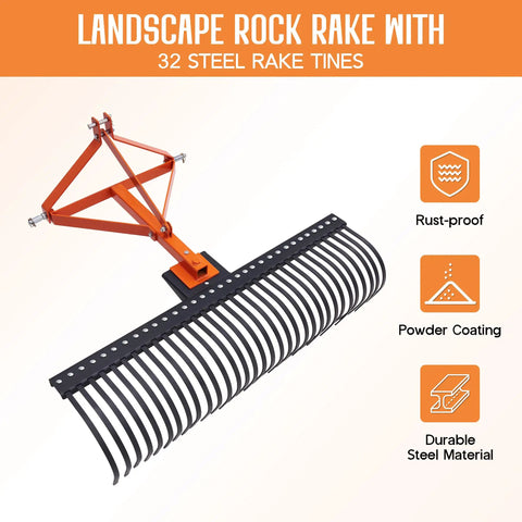 3 Point Tow Behind Rake With 60 Inch Width And 32 Steel Tines, Adjustable Angle Lawn Dethatcher And Landscape Rake, rust-proof design