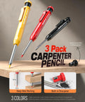 Top Shelf Mechanical Carpenter Pencils With 16 Hefty Tips And Deep Hole Markers Plus 42 Bright Lead Refills And Trusty Scribe Tool For No Sweat Marking And Fast Layouts, showing three colored pencils with sharpener.
