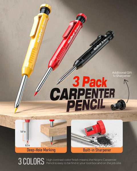 Top Shelf Mechanical Carpenter Pencils With 16 Hefty Tips And Deep Hole Markers Plus 42 Bright Lead Refills And Trusty Scribe Tool For No Sweat Marking And Fast Layouts, showing three colored pencils with sharpener.
