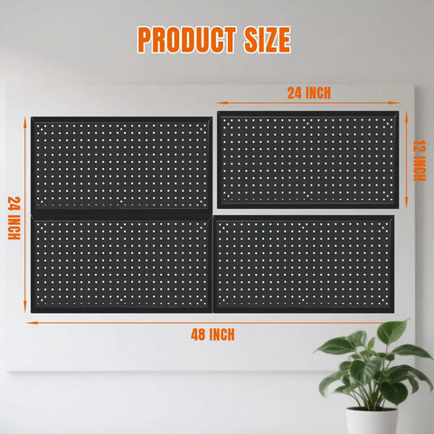 Heavy Duty 48x24 Inch Metal Pegboard Wall Organizer Kit with Black Panels displayed on a white wall, showing dimensions