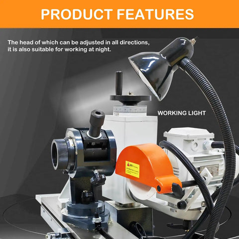 Beefy 220V Universal Tool Grinder Featuring A Snappy 0.55KW Motor With A Dead Straight 360 Degree Rotating Head and adjustable working light.
