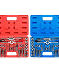 All-In-One Tap And Die Set For SAE And Metric Threads 80 Piece Premium Kit in red and blue cases with handles and accessories