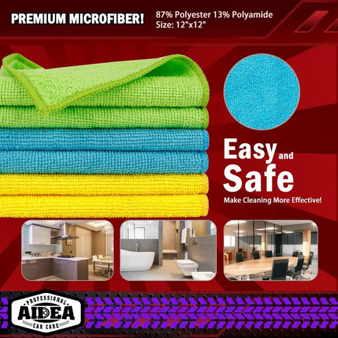 AIDEA microfiber cleaning cloths, 50-pack, 12x12 inches, stacked lime green, blue, and yellow.