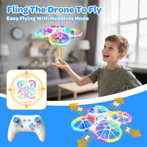 Boy playing with Totally Kid Friendly Drone For Beginners With LED Lights And Dual Batteries in living room, remote control shown.
