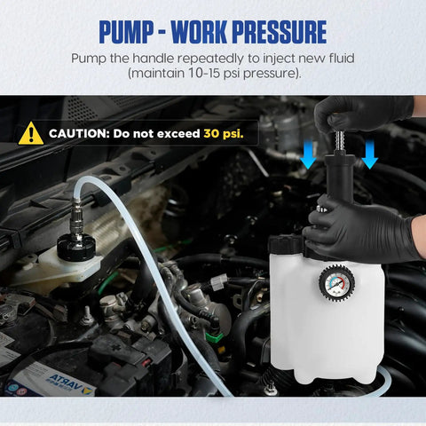 Person using 3L Brake Bleed Kit With Manual Brake Bleeder Vacuum Pump in a vehicle engine bay
