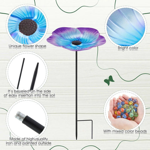 Vivid Flower Bee Watering Station With Metal Butterfly Water Feeder Cup And 30 Glass Marbles in blue-purple theme, front view.