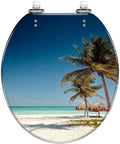 Round Resin Toilet Seat Decked Out In Tropical Beach Thatched Roof Art Soft Close Quick Release Hinges for American Standard Toilets.