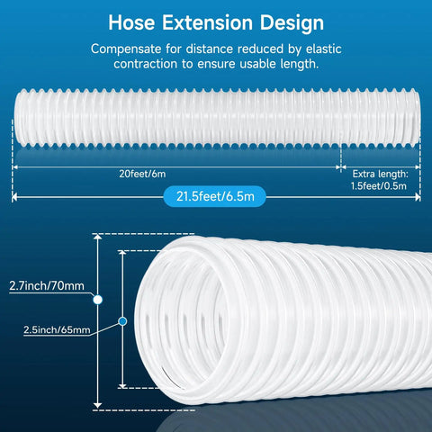 2.5 Inch Clear PVC Dust Collection Hose 20 Foot Long Flexible Tube With Carbon Steel Wire Reinforcement For Woodworking Dust Collector System Shop Ready See Through Design Includes 4 Hose Clamps with measurement diagram