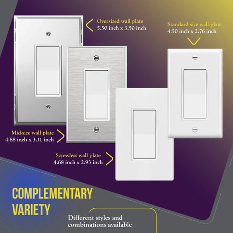 Four Way Decorator Paddle Rocker Light Switch With Clamp Down Wiring Copper Terminals Grounding Screw Residential Grade 15A 120V And 277V UL Listed White Shallow Body Design with various wall plate sizes