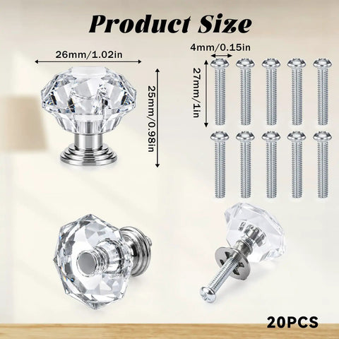 Crystal Clear Acrylic Dresser Knobs 20 Pack Diamond Shape Cabinet Knobs with screws shown, 27mm tall, clear acrylic