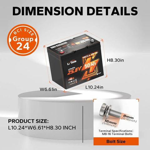 24V 50Ah LiFePO4 Battery For Trolling Motors, Boats And RVs With Built In 50A BMS, Low Temp Cutoff And TVS Protection, dimension details and bolt size