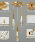 Gold Brushed Brass 3 Light Teardrop Crystal Pendant Ceiling Light For Kitchen Island Bedroom Hallway And Entryway Dimmable LED Modern Pendant Fixture That Pops, close-up of crystal glass teardrop and LED details.
