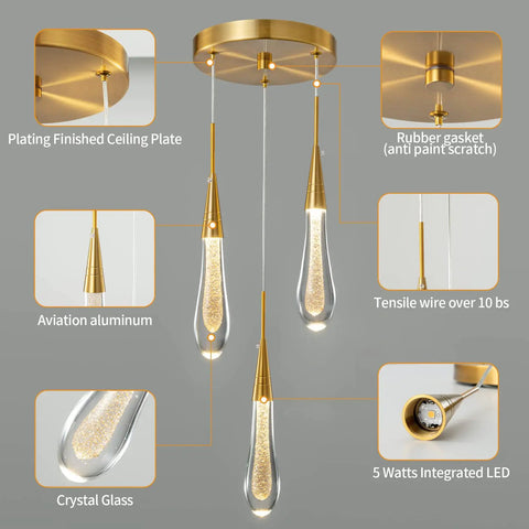 Gold Brushed Brass 3 Light Teardrop Crystal Pendant Ceiling Light For Kitchen Island Bedroom Hallway And Entryway Dimmable LED Modern Pendant Fixture That Pops, close-up of crystal glass teardrop and LED details.