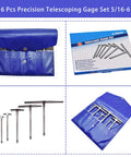 Six-piece precision telescoping gauge set (5/16–6 in) with blue pouch and metal rods