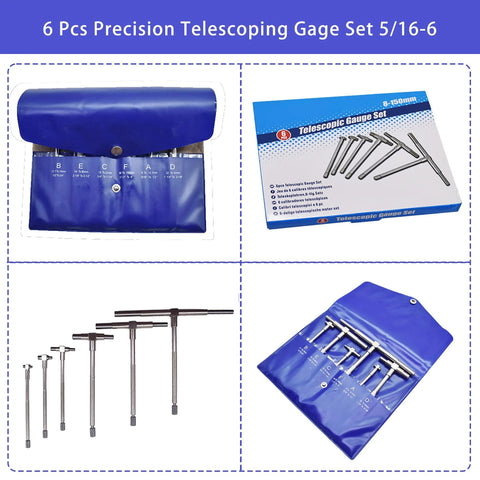 Six-piece precision telescoping gauge set (5/16–6 in) with blue pouch and metal rods