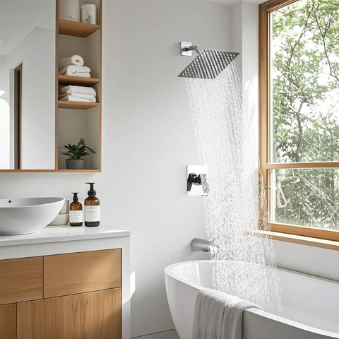 Slick 8 Inch Square Rainfall Shower Faucet Set With Tub Spout In Polished Chrome Finish Modern Wall Mount Bathroom Kit Featuring Smooth Water Flow And Easy Install For That Killer Bathroom Glow Up