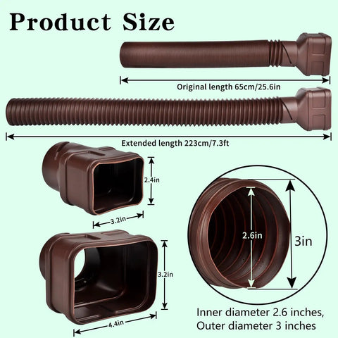 7ft Gutter Downspout Extension Flexible Pipe for Rainwater Drainage, 3 Inch Outer Diameter, product dimensions in brown