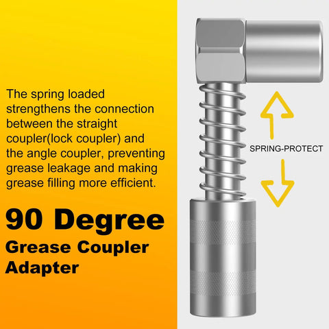 90 Degree Grease Coupler Adapter with spring mechanism and right angle design for effective lubrication and leak prevention