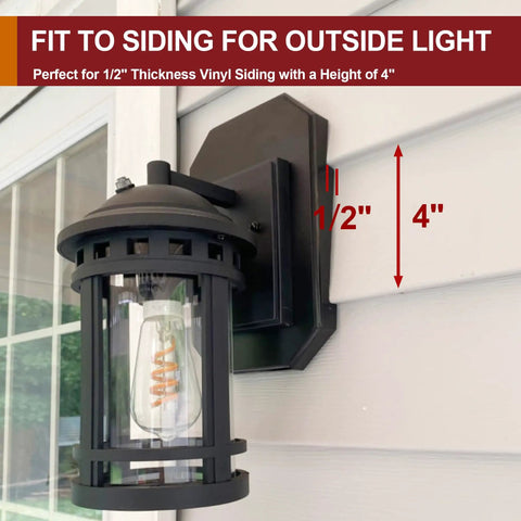 Easy Install Siding Mounting Block For Outdoor Light With Built In Electrical Box Fits Half Inch Lap Siding And Four Inch Vertical Vinyl Siding Hook Kit For Outdoor Lamp Weatherproof Black installed on white vinyl siding