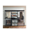 No-Fuss Heavy-Duty Modular Walk-In Closet Organizer Featuring Rustic Weathered Wood Panels Built For Hassle-Free Wardrobe Storage And Slick Layout Management, showcasing clothing storage with shelves, metal frame, and rustic finish.