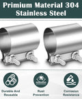Four Piece 2.5 Inch Exhaust Clamp Set Stainless Steel 304 Quick No Weld Butt Joint Band Sleeve Coupler showcased with durability icons