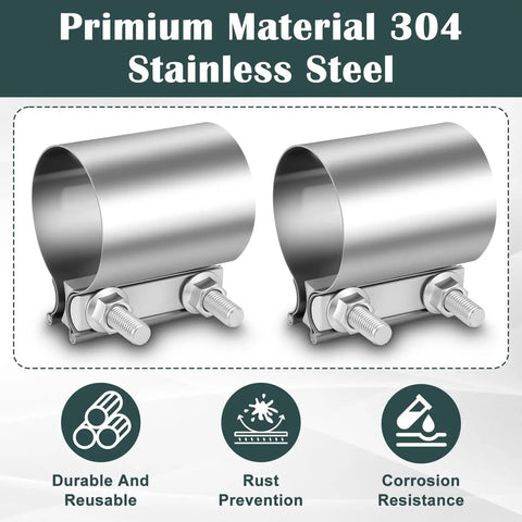 Four Piece 2.5 Inch Exhaust Clamp Set Stainless Steel 304 Quick No Weld Butt Joint Band Sleeve Coupler showcased with durability icons
