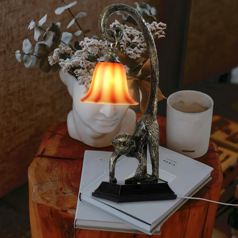 Modern Resin Bronze Monkey Table Lamp For Desk And Nightstand, Animal Figure LED Bedside Light with hand-painted bronze finish