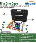 Ratcheting Pipe Bender Set For One Quarter To Seven Eighths OD, 90 Degree Forward And Reverse Bending For Tight Spaces, 7 Color Coded Aluminum Heads, Pro Grade Pipe Cutter And Deburring Tool For HVAC Refrigeration And Plumbing displayed in case with tools.