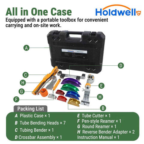 Ratcheting Pipe Bender Set For One Quarter To Seven Eighths OD, 90 Degree Forward And Reverse Bending For Tight Spaces, 7 Color Coded Aluminum Heads, Pro Grade Pipe Cutter And Deburring Tool For HVAC Refrigeration And Plumbing displayed in case with tools.
