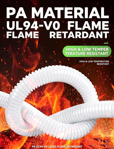 Grab This Boss Grade Heavy Duty PA66 Nylon Corrugated Conduit With Flame Retardant Finish For Tight Cable Routing and Rock Solid Protection On Every Project From Garage To Job Site, coiled over flames.