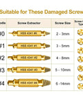 Five-Piece Double-Ended Screw Extractor And Drill Bit Set, 2mm To 14mm, gold titanium coated, chart with sizes and cap types