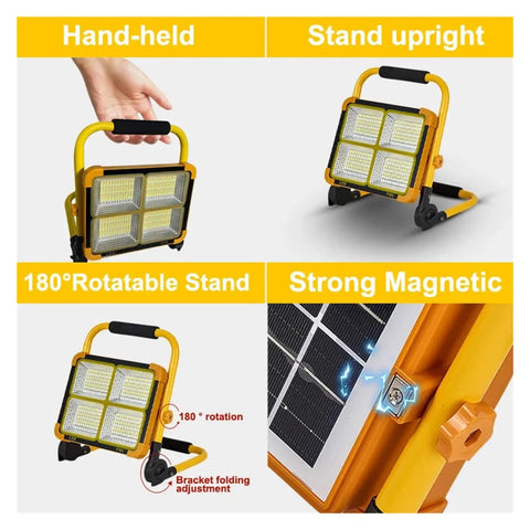 JUDYSSY 2000W Solar Flood Light Outdoor Portable Led Reflector Spotlight with 180° rotatable stand and magnetic features.
