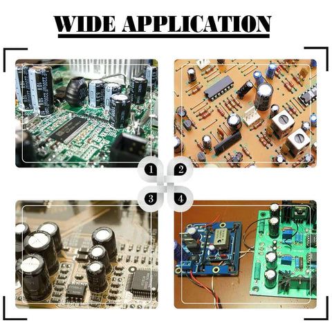 Wide application of 545Pcs Electrolytic Capacitors Assorted Kit with 10V 16V 25V 50V range labeled 0.1uF to 1000uF on DIY circuit boards