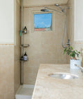 Bathroom with 12 Inch Adjustable Shower Arm With Shark Teeth Locking Joints, Tough As Nails All Metal Chrome Extension Bar.