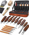 Wood Carving Kit 30 Piece Tools Set With Leather Storage Bag Slick Deluxe Whittling Kit For Beginners And Pros, displayed with tools.