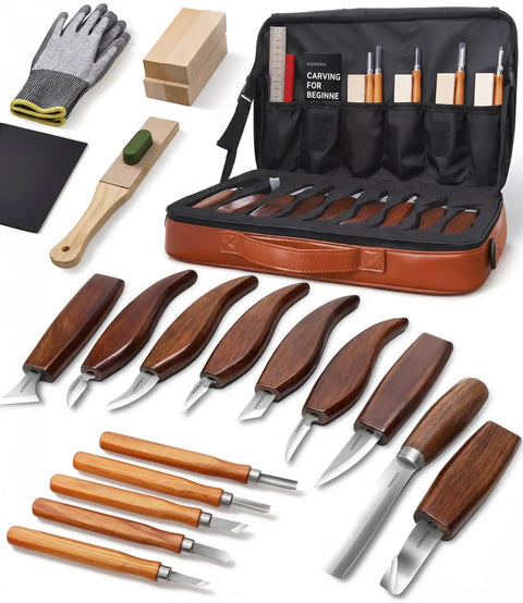 Wood Carving Kit 30 Piece Tools Set With Leather Storage Bag Slick Deluxe Whittling Kit For Beginners And Pros, displayed with tools.