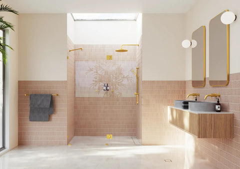 Frameless Shower-Door Hinge With Enduroshield Glass-Coating No-Fuss Install Heavy-Duty Support 78-Inch High By 57.5-Inch Wide Polished Brass Finish For Modern Bathrooms in a gold bathroom shower