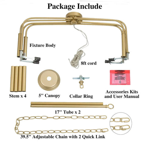 Gold Eight Arm Modern Chandelier package components including fixture body, 8ft cord, canopy, stems, tube, and chain for various heights.