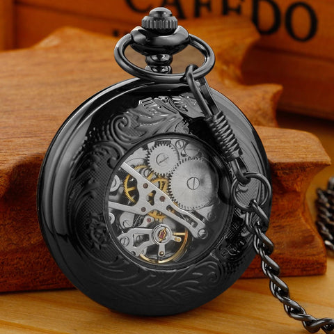 Mechanical Skeleton Pocket Watch For Men, Black Roman Numerals, Old School Antique Look, Chain Included, Easy Read Time Without Opening Lid, Durable Mens Pocket Watch