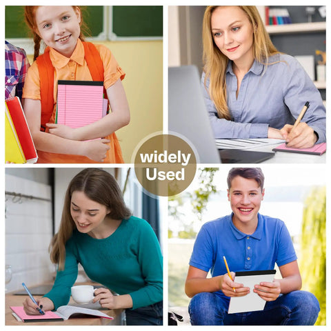 Collage of people using 4 Pack Pink 5x8 Inch Small College Ruled Legal Pads With 30 Sheets Each Micro Perforated Lined Notepads