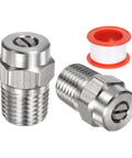Pro Grade Surface Clean Tips Set Two Pack 25 Degree Pressure Washer Nozzles One Quarter Inch NPT Male Stainless Steel With Sealing Tape Replacement For Water Guns And Surface Cleaners One Point One Five Six Millimeter Orifice, showing nozzles and tape