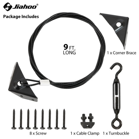 Anti Sag Gate Kit For Wooden Fence With Heavy Duty Steel Tensioner Cable Rust Resistant Gate Support System Black Gate And Fence Frame Hardware Outdoor Fence Repair Kit components including cable, screws, and turnbuckle.