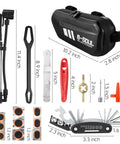 All In One Bike Repair Kit With Waterproof Hard Shell Case Ride Ready Pump Patch Kit And Multi Tool For Road And Mountain Bikes Emergency Roadside Maintenance Essentials displayed with dimensions.